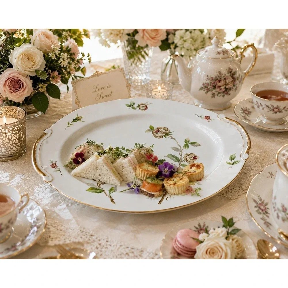 Vtg China Platter Gold Trim Oval Cottage core Grannycore Lynmore Golden Rose MCM
